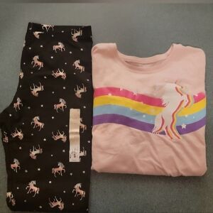 Unicorn Rainbow Leggings and Long Sleeve Top Set - Pink and Black Size 14/16